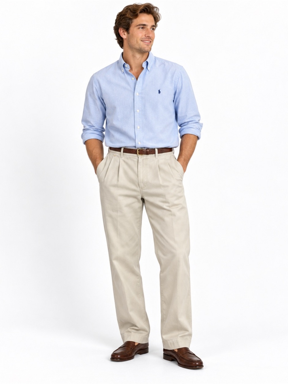 Polo Ralph Lauren Andrew Pants Mens 36x30 Khaki Pleated Chino Cotton Preppy